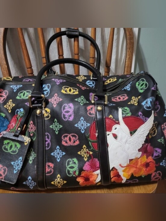 Sharif Handbags - Sharif Black Travel Duffel with Multicolor Logo Print & Dove Patch